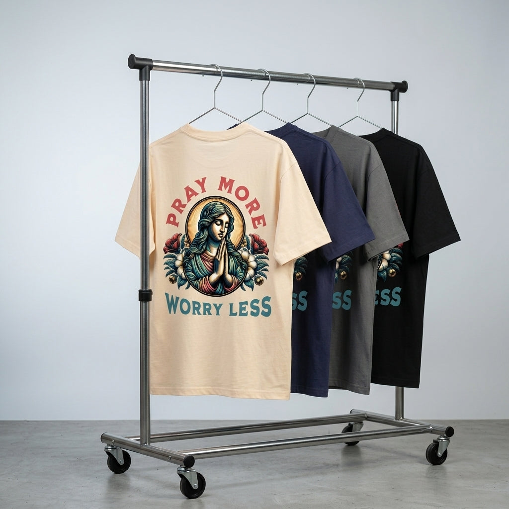 mens,essential,pray,more,worry,less,tshirt,tee,graphic,vintage,retro,womans,youth,unisex