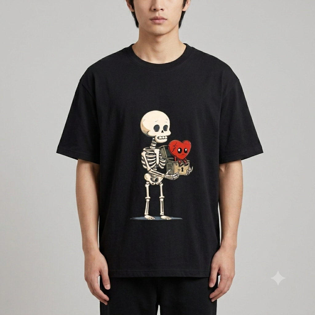 Boxed Love Tee | Skeleton Heart Graphic T-Shirt | Oversized Black Streetwear