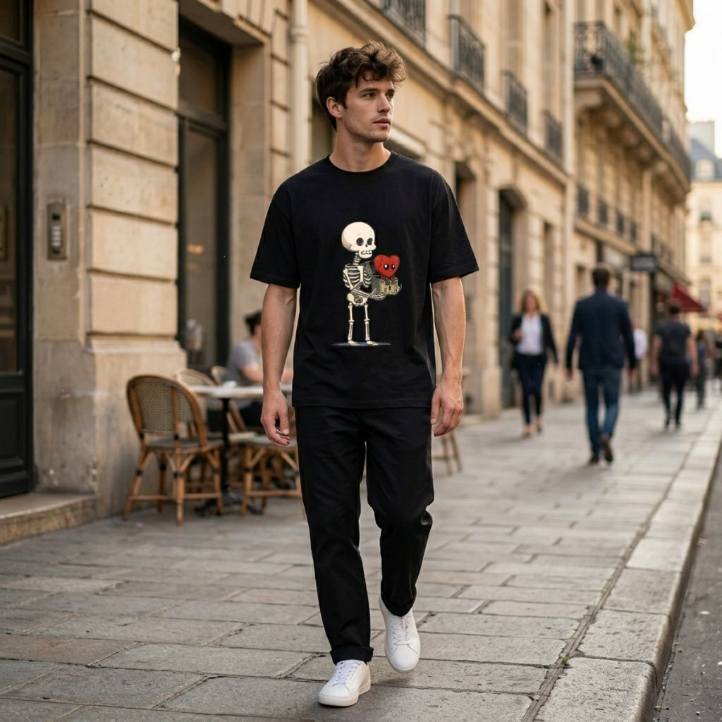 Boxed Love Tee | Skeleton Heart Graphic T-Shirt | Oversized Black Streetwear