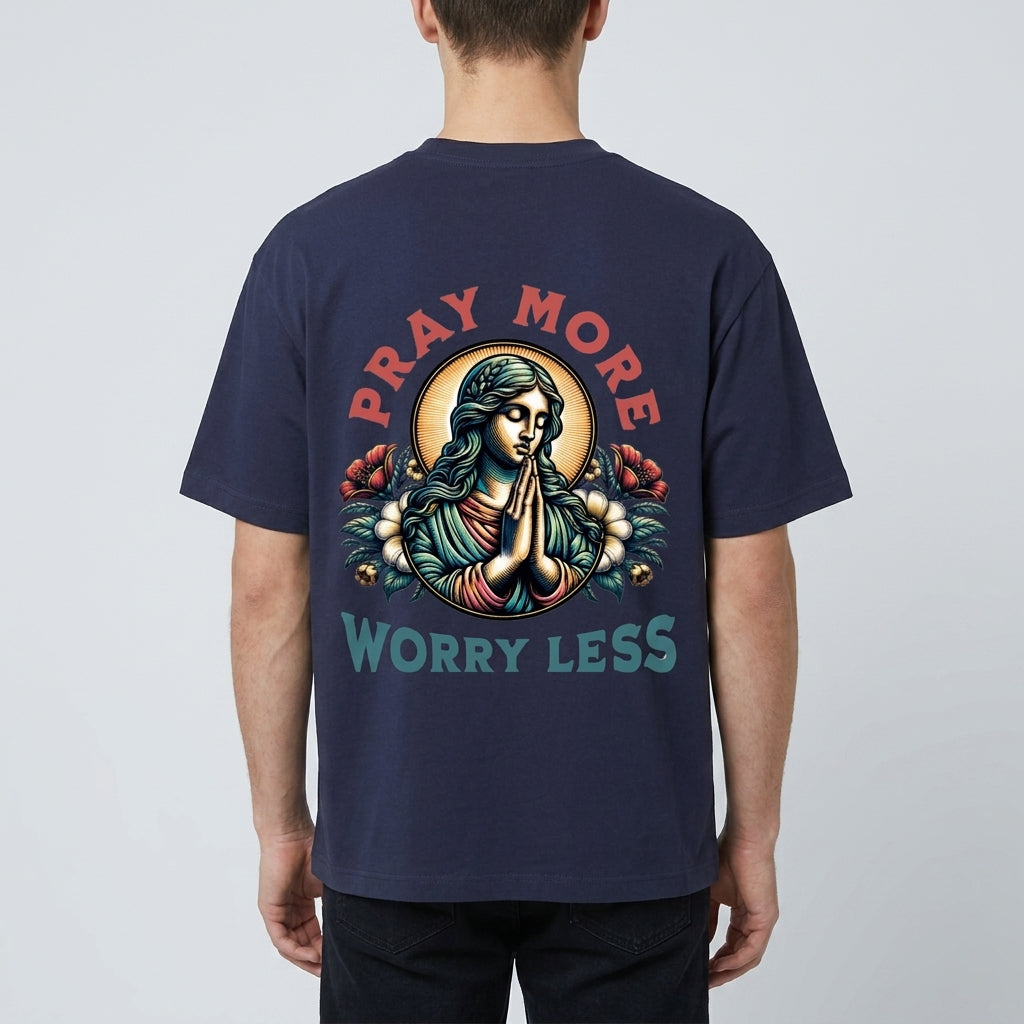 mens,essential,pray,more,worry,less,tshirt,tee,graphic,vintage,retro,womans,youth,unisex